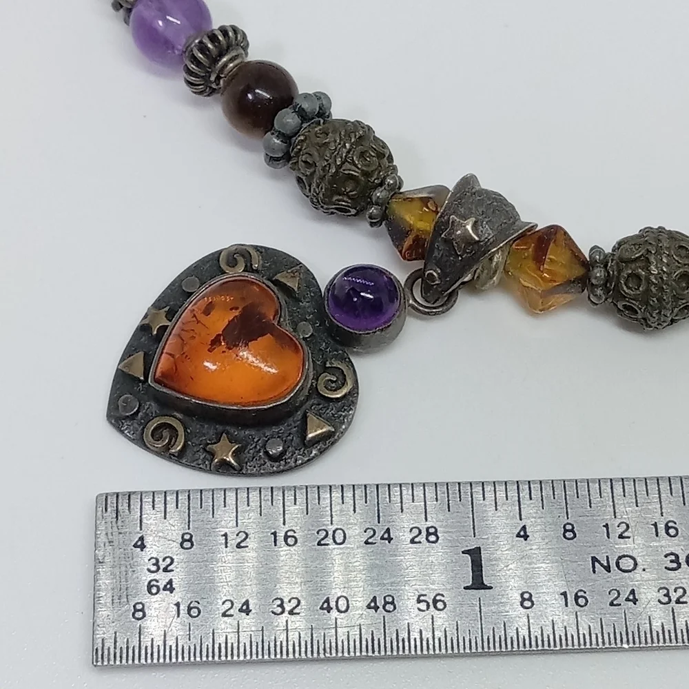 * vintage 925 Honey Amber heart stars artisan necklace 18
